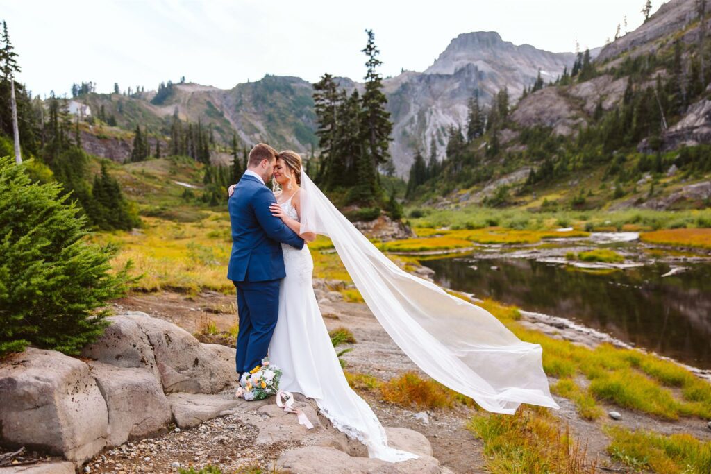 Bride and groom portraits at Mount Baker after a breathtaking intimate wedding ceremony at Artist Point