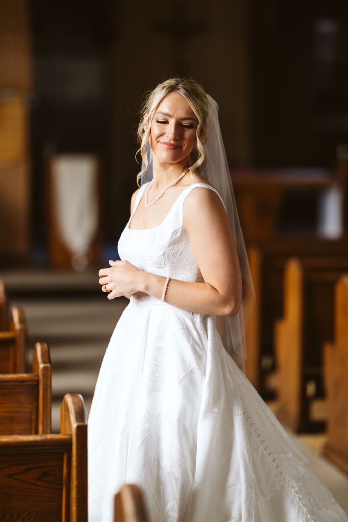 Bridal getting ready photos in the church sanctuary