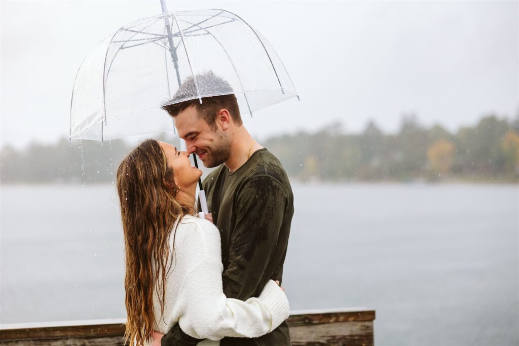 Rainy day engagement photos in Northern Minnesota