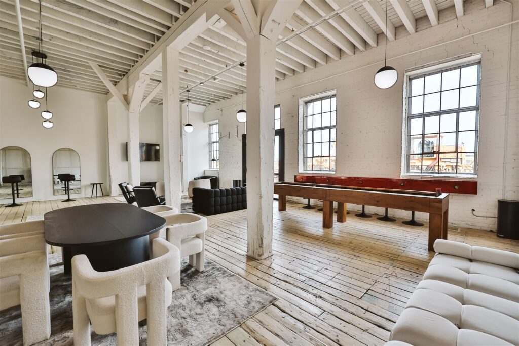 Modern Minnesota wedding venue groom's den at Northern Pacific Center